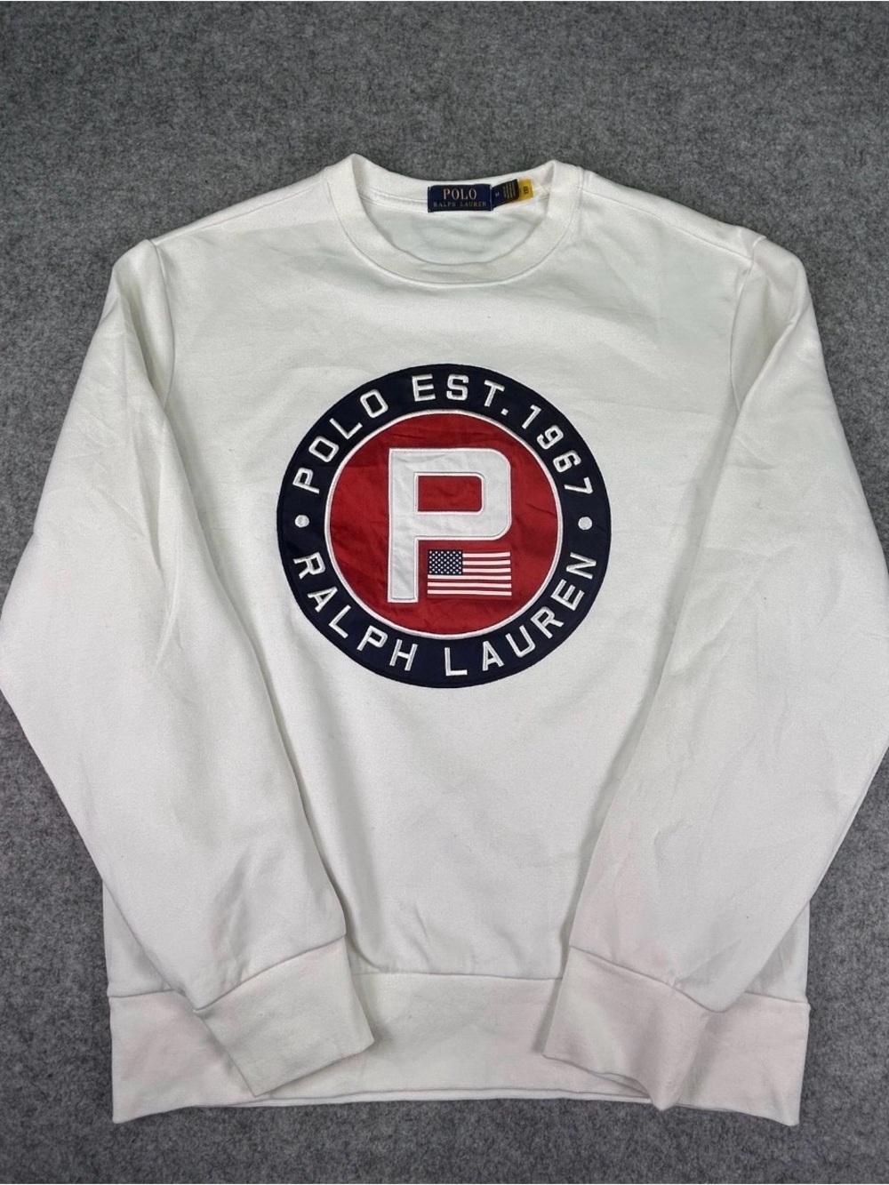 Ralph Lauren White Crewneck Sweatshirt with Red and Navy Logo